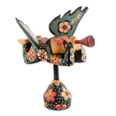 Wood sculpture, 'Heralding Angel' - Handcrafted Multi-Color Trumpeting Wood Angel Sculpture