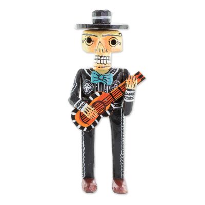 Wood statuette, 'Mariachi de los Muertos' - Day of the Dead Mariachi with Guitar Wood Statuette