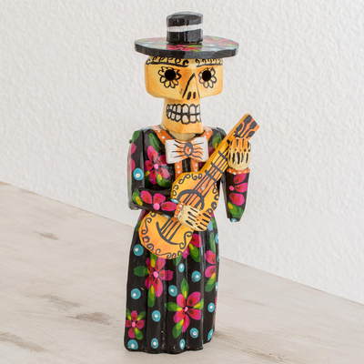 Wood statuette, 'Guitarrista' - Handcrafted Day of the Dead Female Guitarist Wood Statuette