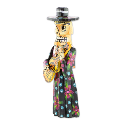 Wood statuette, 'Guitarrista' - Handcrafted Day of the Dead Female Guitarist Wood Statuette