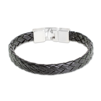 Faux leather braided wristband bracelet, 'Daring Style' - Black Faux Leather Unisex Wristband Bracelet from Guatemala