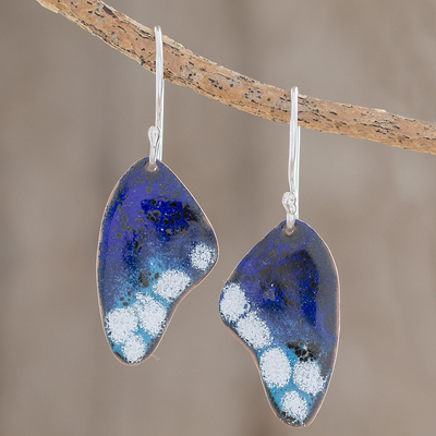 Enameled copper dangle earrings, Blue Winged Butterfly