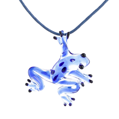 Handblown glass pendant necklace, 'Speckled Frog' - Blue with Black Spots Handblown Glass Frog Pendant Necklace