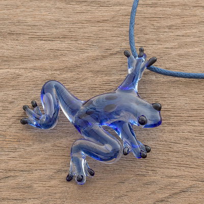 Handblown glass pendant necklace, 'Speckled Frog' - Blue with Black Spots Handblown Glass Frog Pendant Necklace