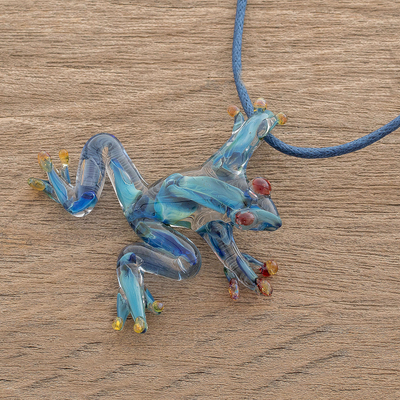 Handblown glass pendant necklace, 'Red-Eyed Frog' - Blue with Red Accents Handblown Glass Frog Pendant Necklace