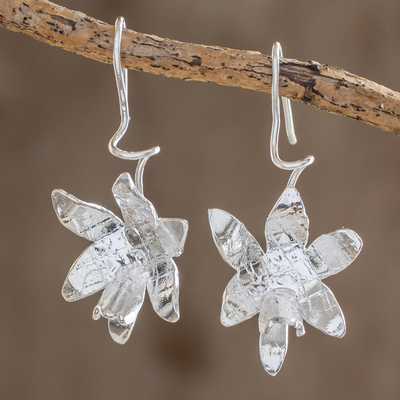 Sterling silver drop earrings, 'Fascinating Shining Orchids' - Sterling Silver Orchid Flower Drop Earrings from Costa Rica