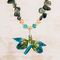 Agate and recycled glass beaded pendant necklace, 'Eco-Friendly Dragonfly'