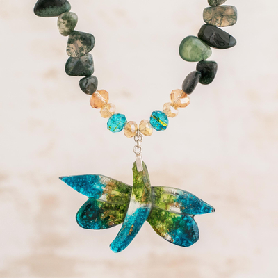 Agate and recycled glass beaded pendant necklace, Eco-Friendly Dragonfly
