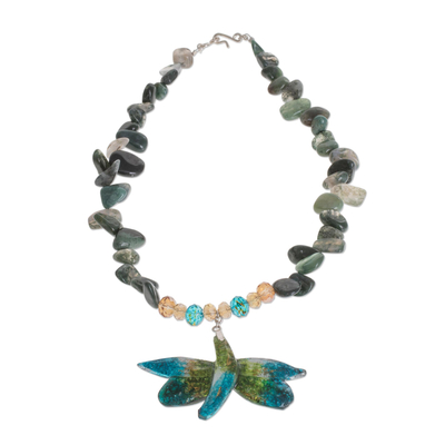 Agate and recycled glass beaded pendant necklace, 'Eco-Friendly Dragonfly' - Agate and Recycled Glass Dragonfly Necklace from Costa Rica
