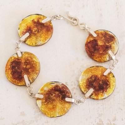 Recycled glass link bracelet, 'Yellow Moon' - Recycled Glass Link Bracelet in Yellow from Costa Rica