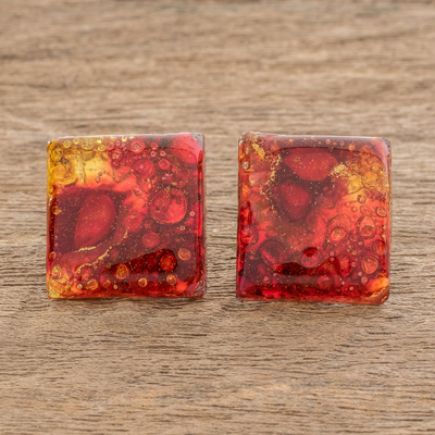 Recycled glass button earrings, Eco Fire