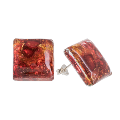 Recycled glass button earrings, 'Eco Fire' - Recycled Glass Button Earrings in Red and Orange