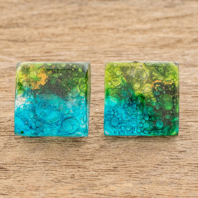 Recycled glass button earrings, 'Forest Modernity' - Recycled Glass Button Earrings in Blue and Green