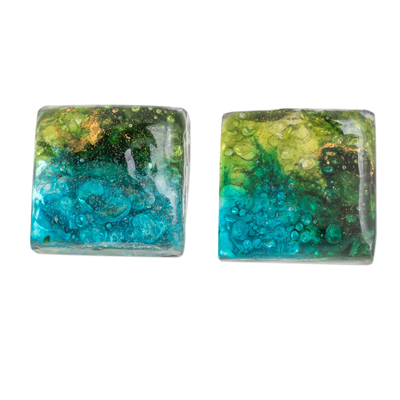 Recycled Glass Button Earrings in Blue and Green