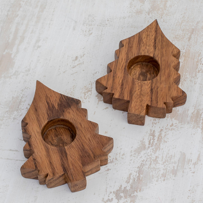 Portavelas de madera, (par) - Portavelas de madera en forma de árbol de Guatemala (par)
