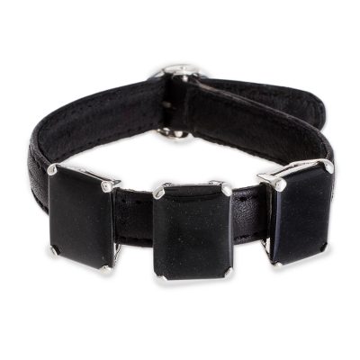 Jade pendant bracelet, 'Inspiring Black Beauty' - Black Jade and Leather Pendant Bracelet from Guatemala