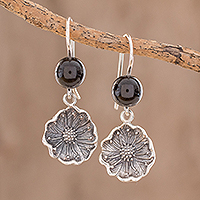 Jade dangle earrings, 'Guatemalan Flowers' - Floral Black Jade Dangle Earrings from Guatemala