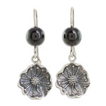 Jade dangle earrings, 'Guatemalan Flowers' - Floral Black Jade Dangle Earrings from Guatemala