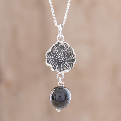 Jade pendant necklace, 'Guatemalan Flower' - Floral Black Jade Pendant Necklace from Guatemala