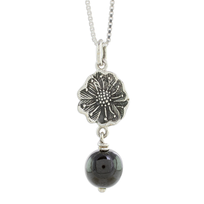 Jade pendant necklace, 'Guatemalan Flower' - Floral Black Jade Pendant Necklace from Guatemala