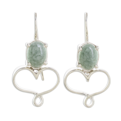 Jade drop earrings, 'Jade Beat' - Apple Green Jade Heart Drop Earrings from Guatemala