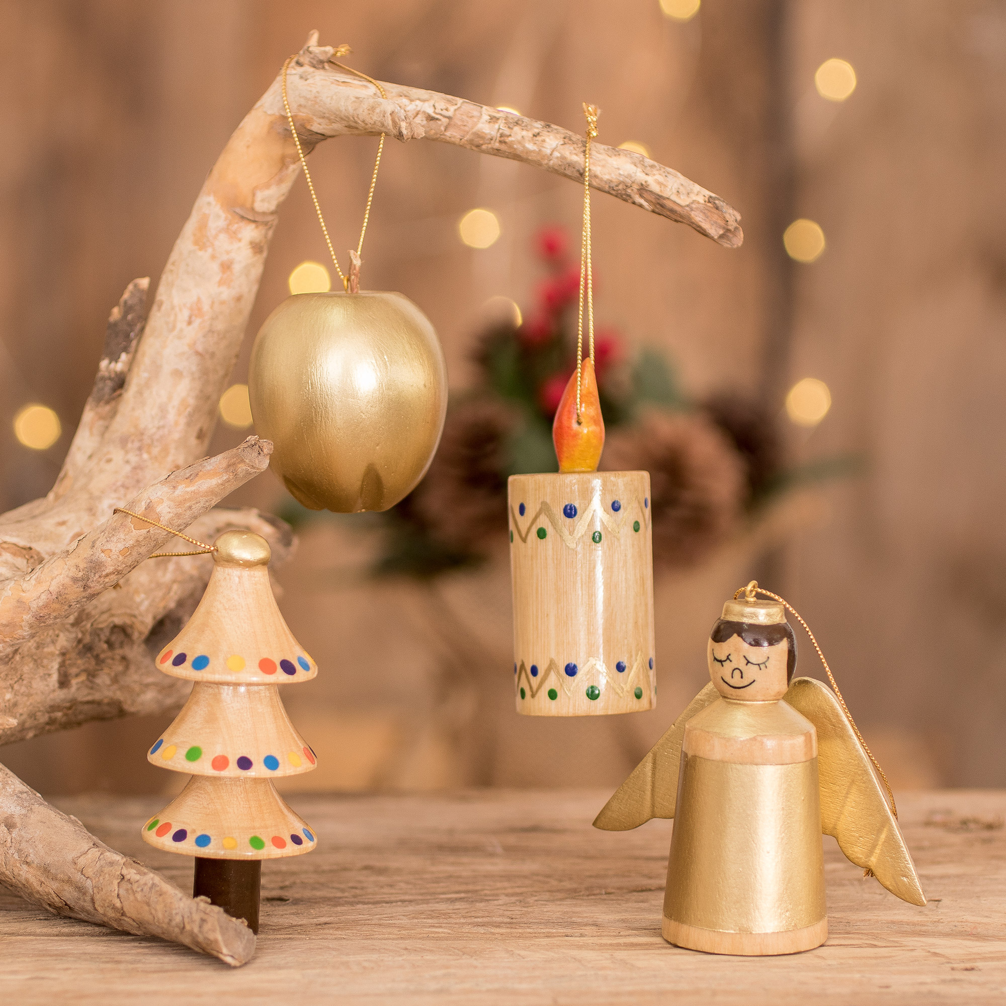 Christmas Themed Reclaimed Wood Ornaments (Set of 4), 'Festive Cheer