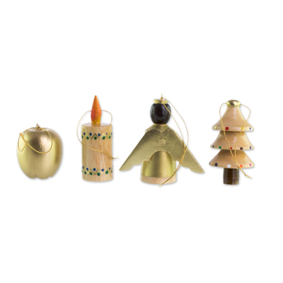 Reclaimed wood ornaments, 'Festive Cheer' (set of 4) - Christmas Themed Reclaimed Wood Ornaments (Set of 4)
