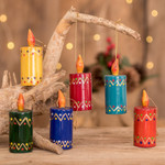 Reclaimed wood ornaments, 'Festival Lights' (set of 6) - Assorted Color Reclaimed Wood Candle Ornaments (Set of 6)