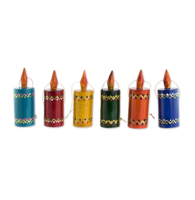 Reclaimed wood ornaments, 'Festival Lights' (set of 6) - Assorted Color Reclaimed Wood Candle Ornaments (Set of 6)