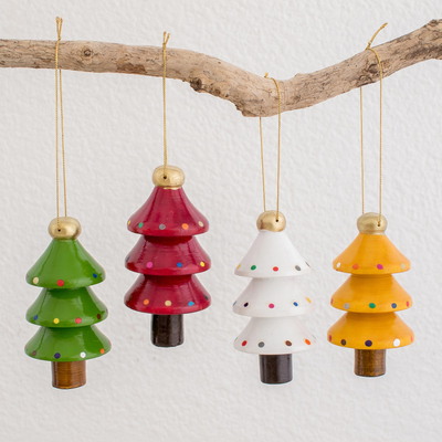 Reclaimed wood ornaments, 'Festive Trees' (set of 4) - Assorted Color Reclaimed Wood Tree Ornaments (Set of 4)