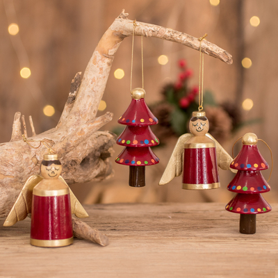 Reclaimed wood ornaments, 'Gilded Christmas in Red' (set of 4) - Red Gold Reclaimed Wood Angel and Tree Ornaments (Set of 4)