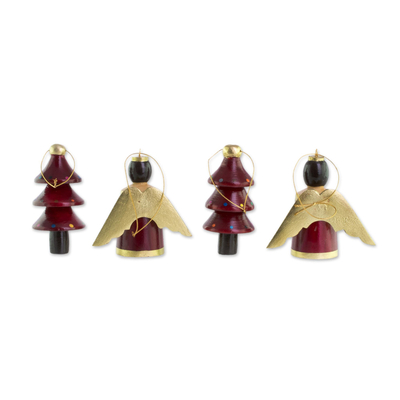 Reclaimed wood ornaments, 'Gilded Christmas in Red' (set of 4) - Red Gold Reclaimed Wood Angel and Tree Ornaments (Set of 4)