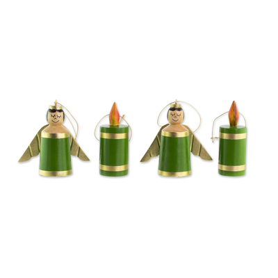 Wood ornaments, 'Candle Christmas' (set of 4) - Green Gold Reclaimed Wood Angel Candle Ornaments (Set of 4)