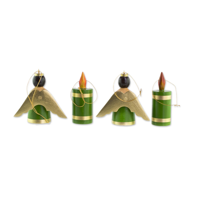 Wood ornaments, 'Candle Christmas' (set of 4) - Green Gold Reclaimed Wood Angel Candle Ornaments (Set of 4)
