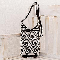 Cotton bucket bag, 'Black and White Waves'