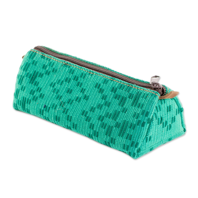 Leather Accented Cotton Clutch in Aqua from Guatemala