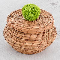 Pine needle basket, 'Natural Enchantment in Lime' - Handmade Pine Needle Basket with a Lime Cotton Pompom
