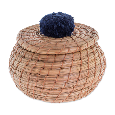 Handmade Pine Needle Basket with a Navy Cotton Pompom