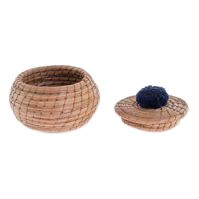 Pine needle basket, 'Natural in Navy' - Handmade Pine Needle Basket with a Navy Cotton Pompom