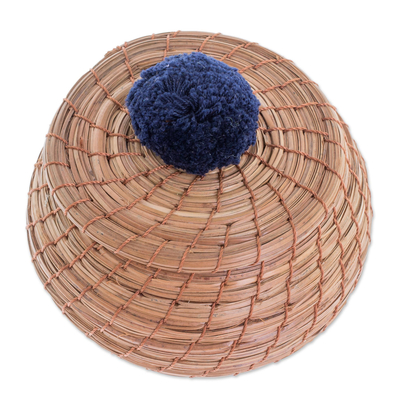 Pine needle basket, 'Natural in Navy' - Handmade Pine Needle Basket with a Navy Cotton Pompom