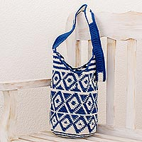 Cotton bucket bag, 'Indigo and White Rhombi' - Cotton Bucket Bag with Indigo Rhombus Motifs from Guatemala