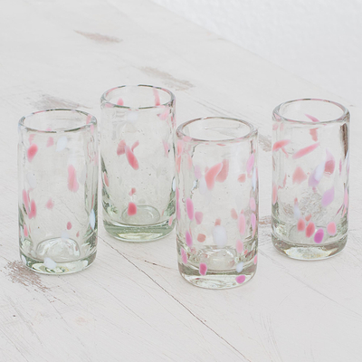 Recycled glass shot glasses, 'Party Pink' (set of 4) - Set of Four Recycled Glass Shot Glasses with Pink Accents