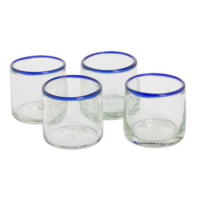 Recycled glass juice glasses, 'Ocean Rim' (set of 4) - Recycled Glass Juice Glasses with Blue Rims (Set of 4)