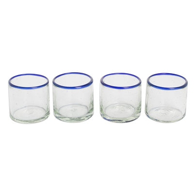 Recycled glass juice glasses, 'Ocean Rim' (set of 4) - Recycled Glass Juice Glasses with Blue Rims (Set of 4)