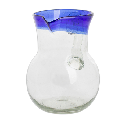 Recycled glass pitcher, 'Sky Reflection' - Handblown Recycled Glass Pitcher in Blue from Guatemala
