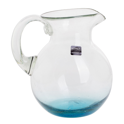 Recycled glass pitcher, 'Glistening Sea' - Handblown Recycled Glass Pitcher from Guatemala