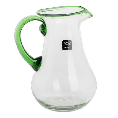 Recycled glass pitcher, 'Green Mountain' - Handblown Recycled Glass Pitcher in Green from Guatemala