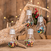 Upcycled light bulb ornaments, 'Worry Not' (set of 4)