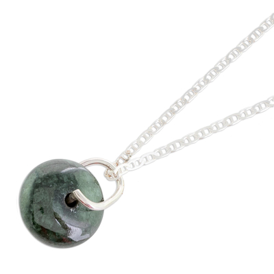 Jade pendant necklace, 'Dark Green Wheel of Fortune' - Round Dark Green Jade Pendant Necklace from Guatemala