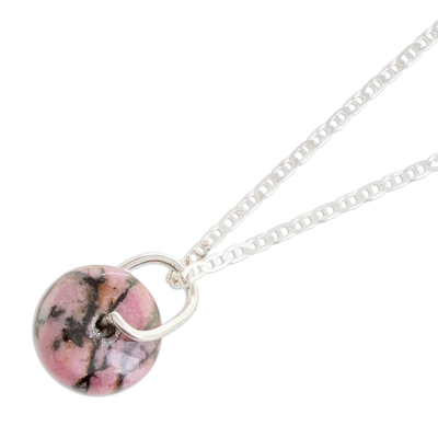 Rhodonite pendant necklace, 'Wheel of Fortune' - Round Rhodonite Pendant Necklace from Guatemala